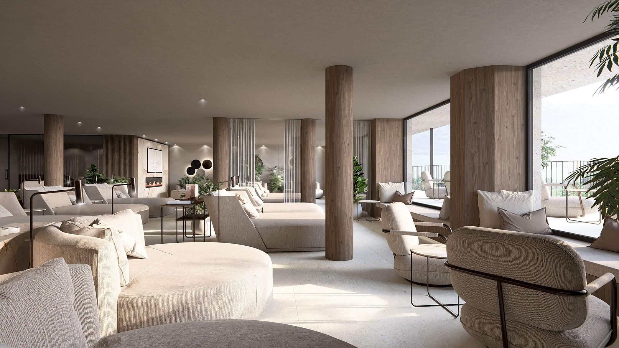 Moderner Lounge-Bereich mit neutral getönten Sofas, runden Tischen, großen Fenstern und Zimmerpflanzen. - Majestic Resorts (Relaunch)