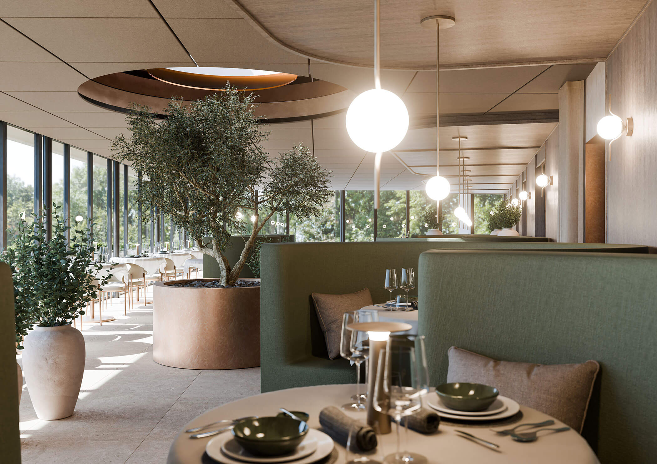 Modernes Restaurantinterieur mit grünen Ständen, Topfpflanzen, großen Fenstern und runden Hängelampen. - Majestic Resorts (Relaunch)