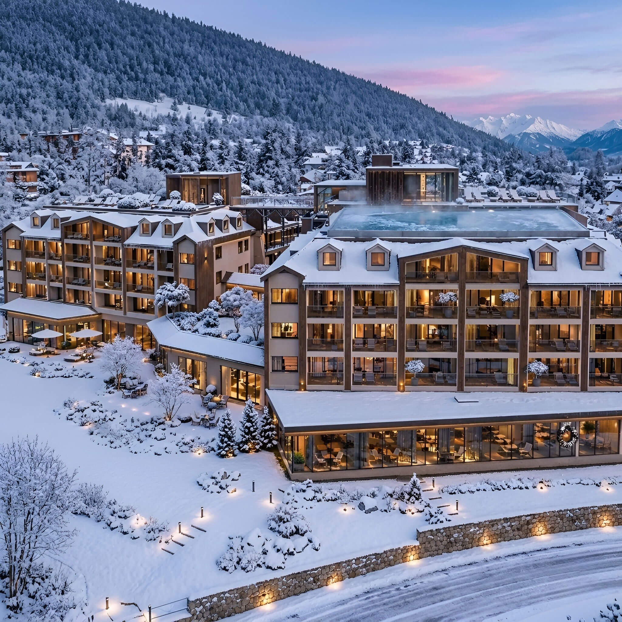 Ein modernes Hotel, umgeben von schneebedeckten Bäumen und Bergen unter einem pastellfarbenen Himmel bei Sonnenuntergang. - Majestic Resorts (Relaunch)