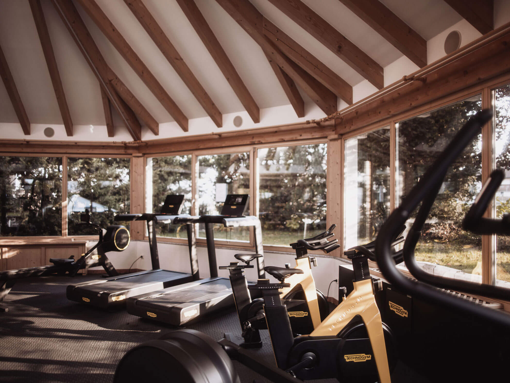 Moderner Fitnessraum mit Laufbändern, Heimtrainern und großen Fenstern, die natürliches Licht hereinlassen. - Majestic Resorts (Relaunch)