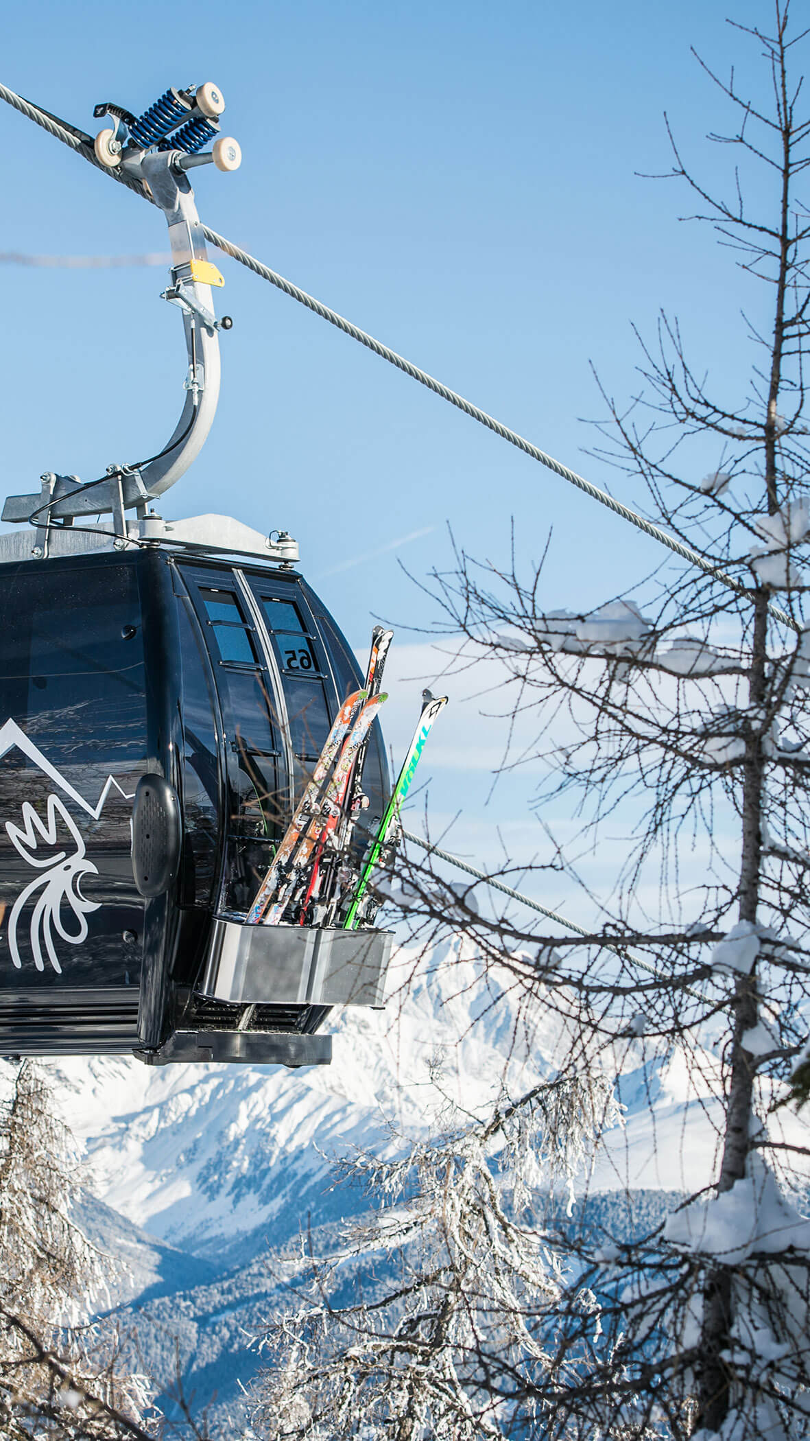 Eine Skigondel mit angehängten Skiern gleitet im Winter an schneebedeckten Bäumen und Bergen vorbei. - Majestic Resorts (Relaunch)