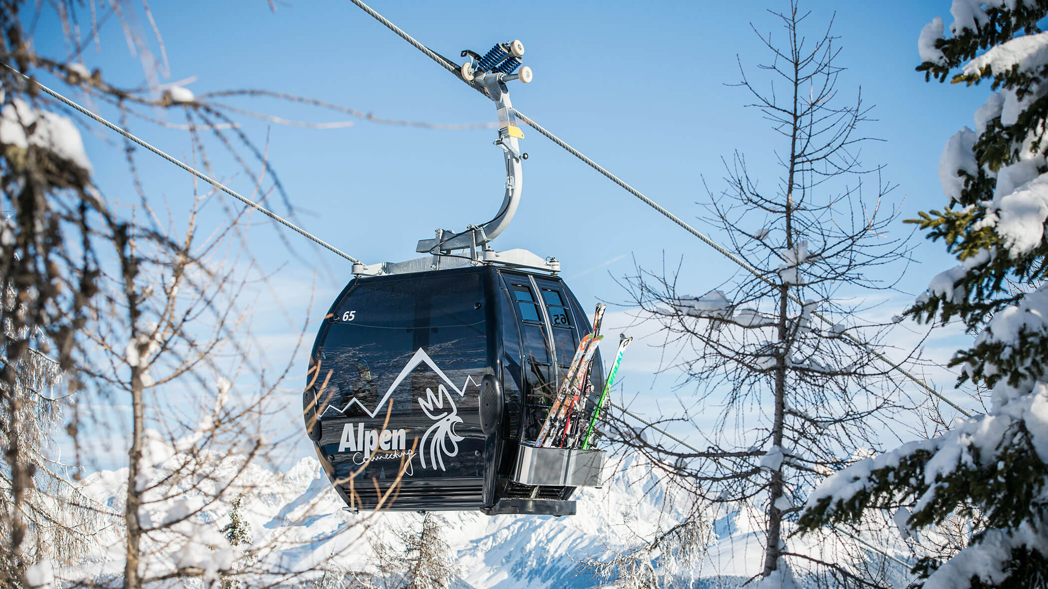 Eine Gondelbahn, an der Skier befestigt sind, fährt an einem klaren Wintertag über verschneite Bäume und Berge. - Majestic Resorts (Relaunch)