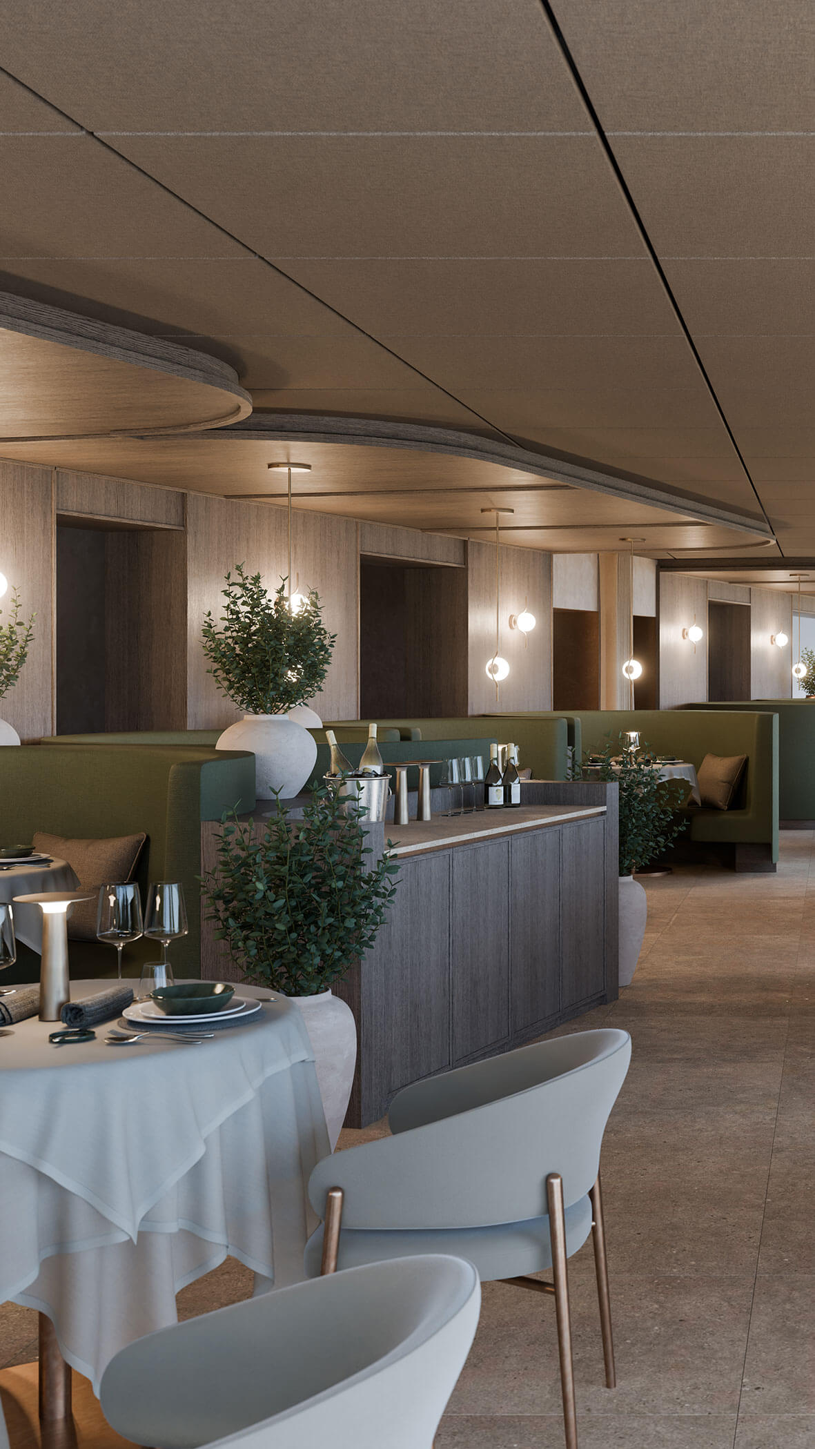 Modernes Restaurantinterieur mit eleganten Tischen, grünen Ständen, Topfpflanzen und sanfter Raumbeleuchtung. - Majestic Resorts (Relaunch)