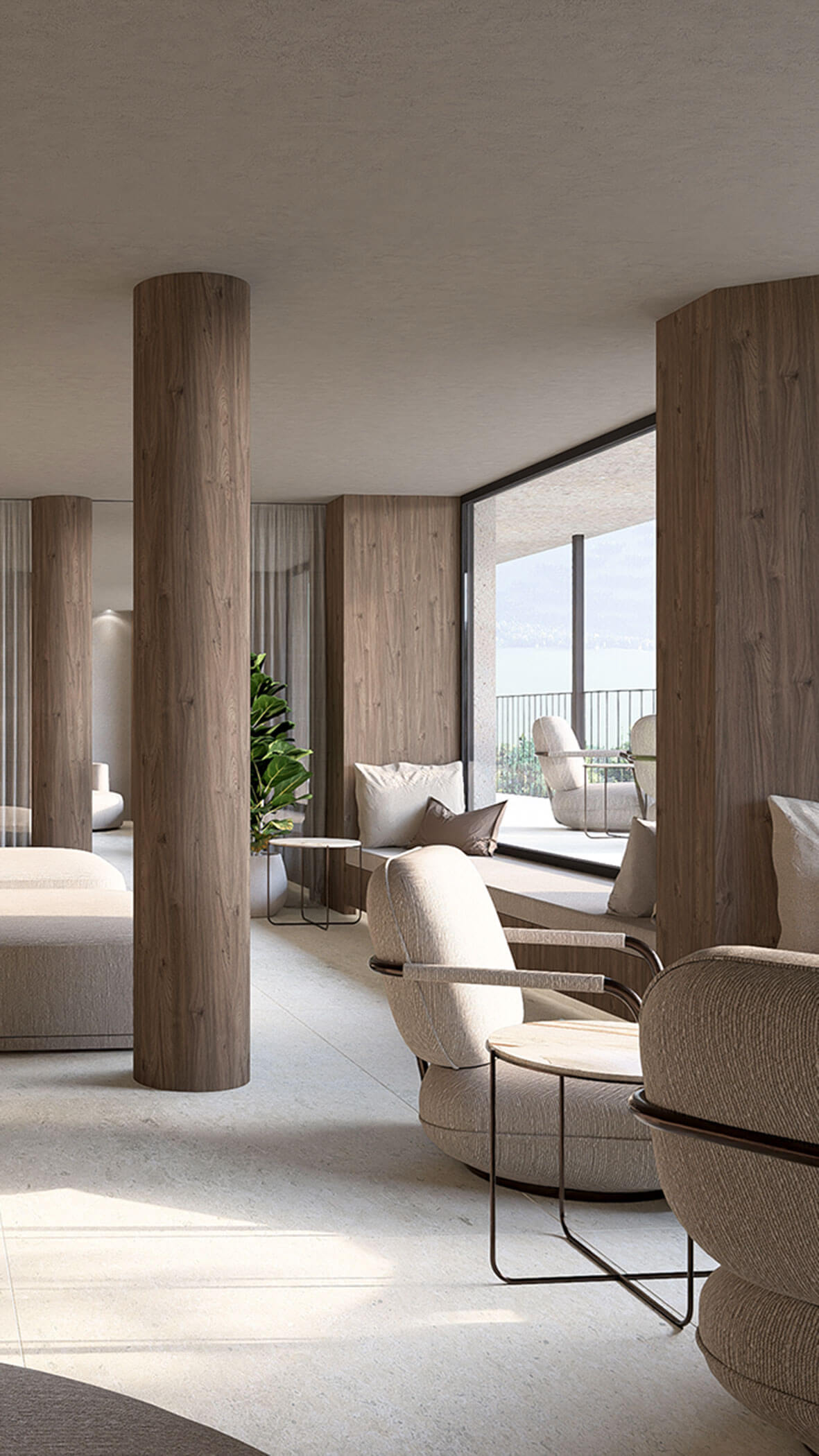 Moderne Lounge mit beigen Stühlen, Holzsäulen, großen Fenstern und natürlichem Licht. - Majestic Resorts (Relaunch)