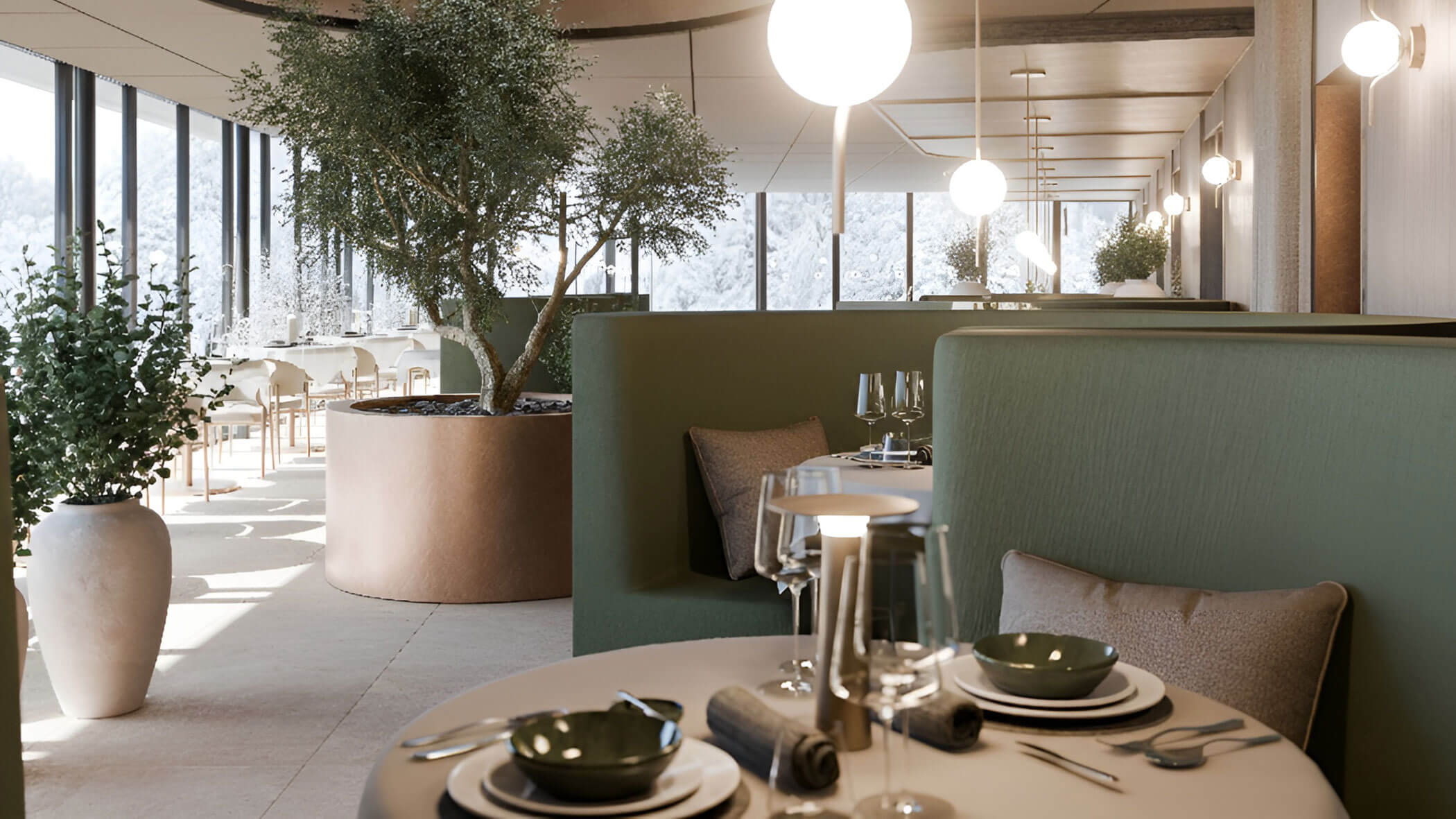 Modernes Restaurant mit grünen Ständen, runden Tischen zum Essen und großen Zimmerpflanzen. - Majestic Resorts (Relaunch)